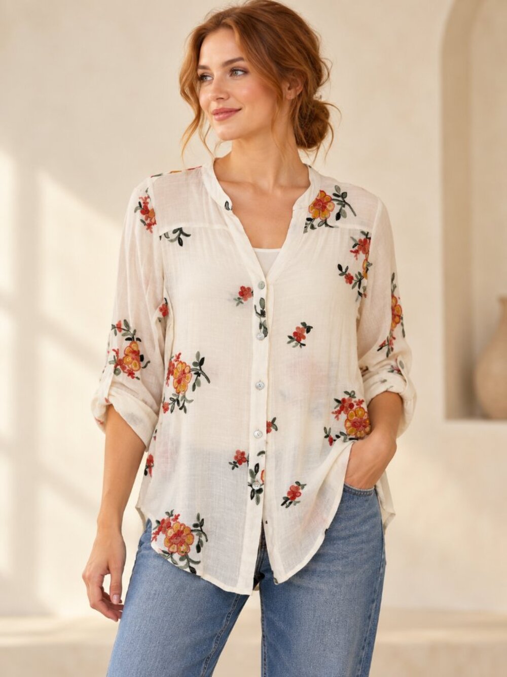 Fig and Flower Blouse Ivory Embroidered Floral Button Down Small